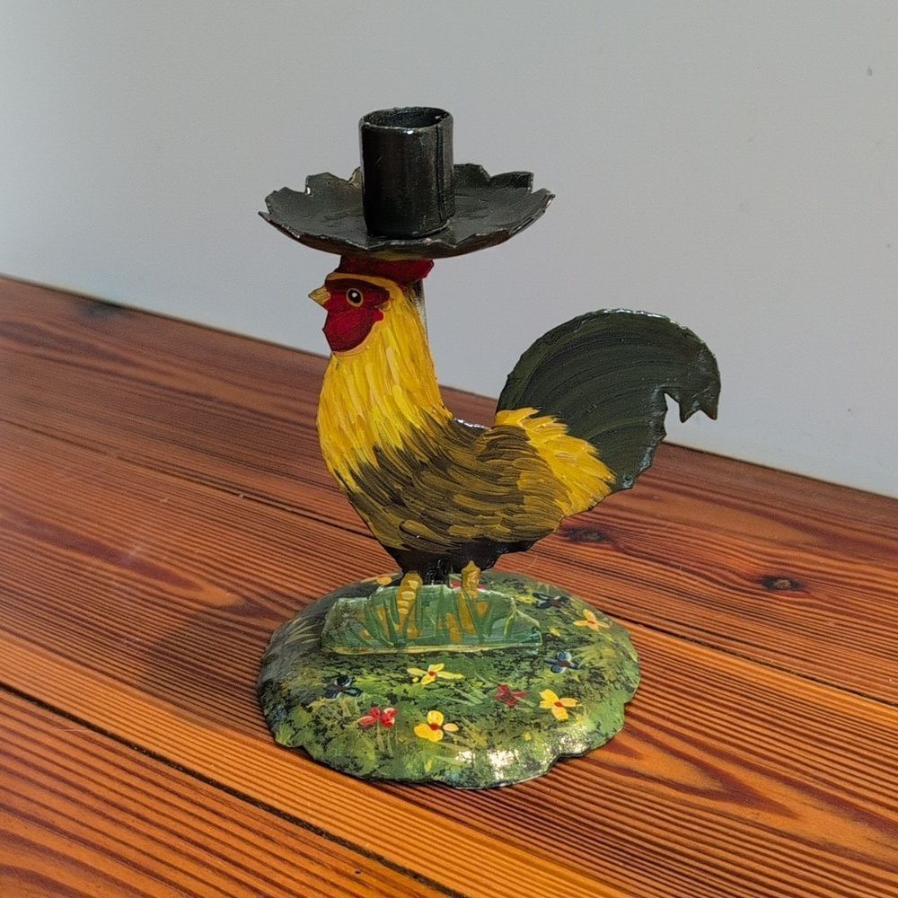 Handpainted Metal Rooster Candle Holder - Multicolor Fun Whimsical Country Decor